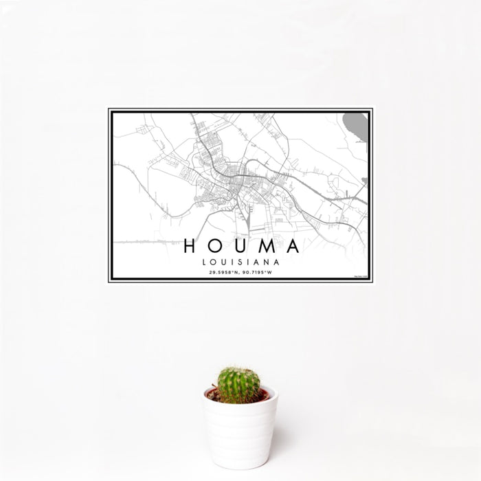 12x18 Houma Louisiana Map Print Landscape Orientation in Classic Style With Small Cactus Plant in White Planter