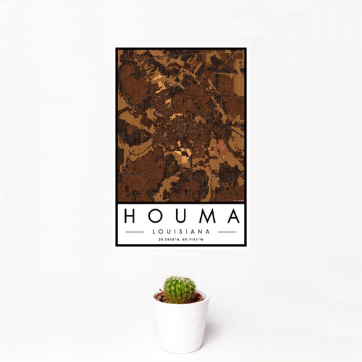 12x18 Houma Louisiana Map Print Portrait Orientation in Ember Style With Small Cactus Plant in White Planter