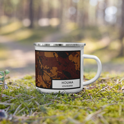 Right View Custom Houma Louisiana Map Enamel Mug in Ember on Grass With Trees in Background