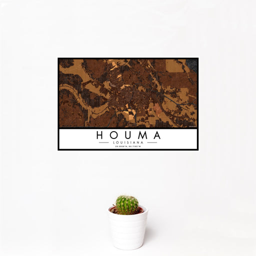 12x18 Houma Louisiana Map Print Landscape Orientation in Ember Style With Small Cactus Plant in White Planter