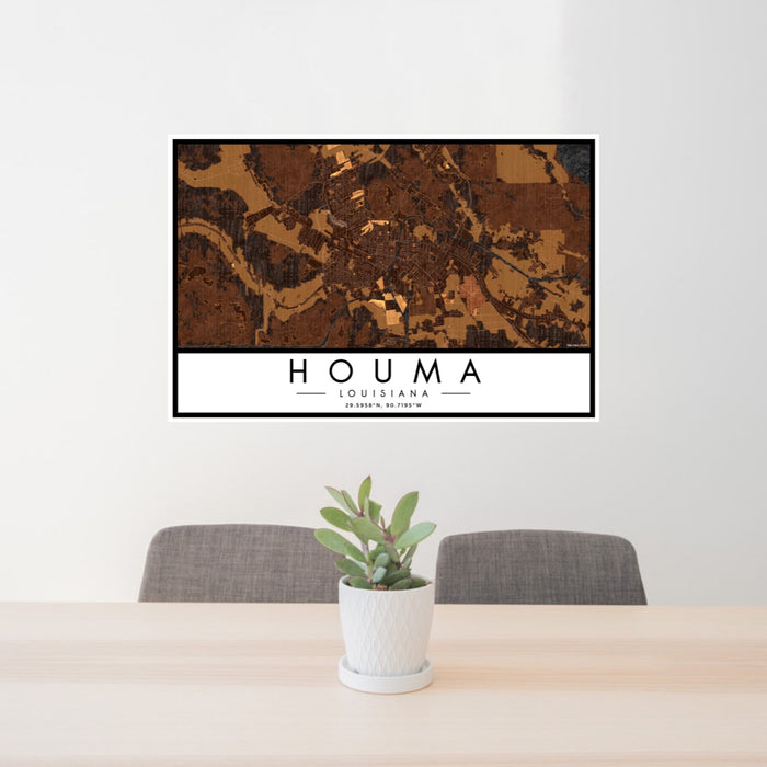 24x36 Houma Louisiana Map Print Landscape Orientation in Ember Style Behind 2 Chairs Table and Potted Plant