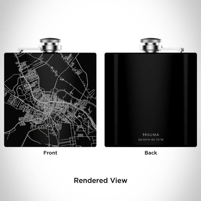 Rendered View of Houma Louisiana Map Engraving on 6oz Stainless Steel Flask in Black