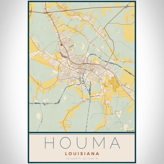 Houma Louisiana Map Print Portrait Orientation in Woodblock Style With Shaded Background
