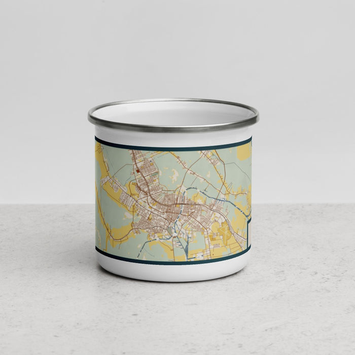 Front View Custom Houma Louisiana Map Enamel Mug in Woodblock