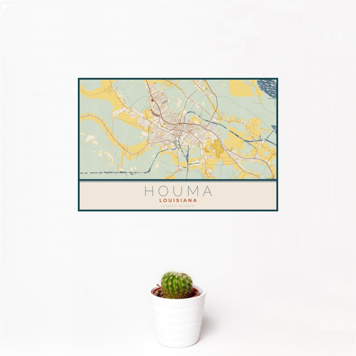 12x18 Houma Louisiana Map Print Landscape Orientation in Woodblock Style With Small Cactus Plant in White Planter