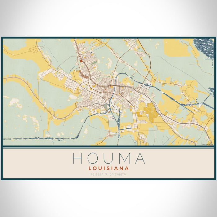 Houma Louisiana Map Print Landscape Orientation in Woodblock Style With Shaded Background