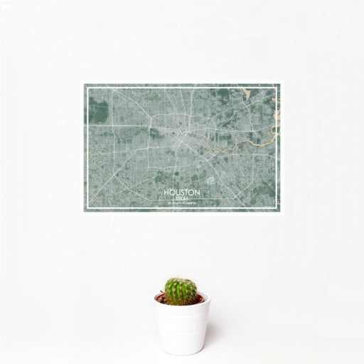 12x18 Houston Texas Map Print Landscape Orientation in Afternoon Style With Small Cactus Plant in White Planter