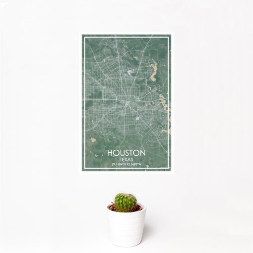 12x18 Houston Texas Map Print Portrait Orientation in Afternoon Style With Small Cactus Plant in White Planter