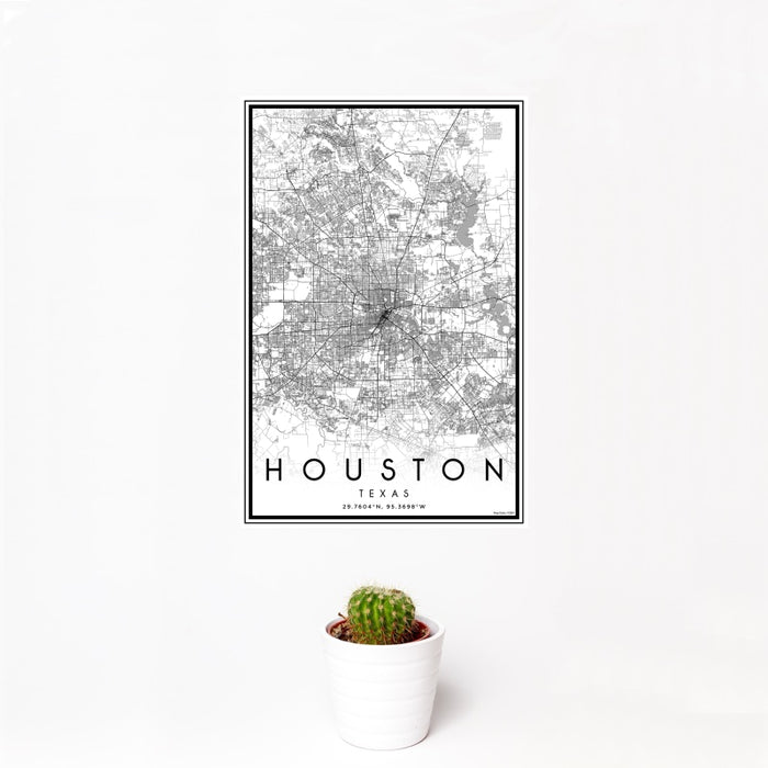 12x18 Houston Texas Map Print Portrait Orientation in Classic Style With Small Cactus Plant in White Planter