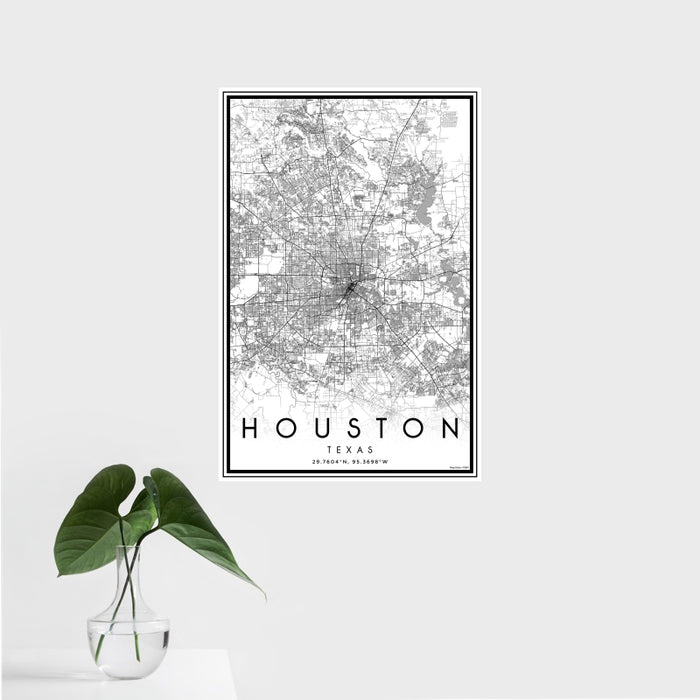 16x24 Houston Texas Map Print Portrait Orientation in Classic Style With Tropical Plant Leaves in Water