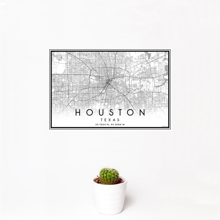 12x18 Houston Texas Map Print Landscape Orientation in Classic Style With Small Cactus Plant in White Planter