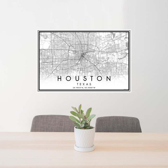 24x36 Houston Texas Map Print Landscape Orientation in Classic Style Behind 2 Chairs Table and Potted Plant