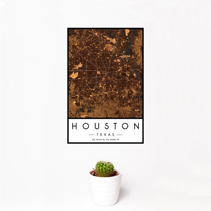 12x18 Houston Texas Map Print Portrait Orientation in Ember Style With Small Cactus Plant in White Planter