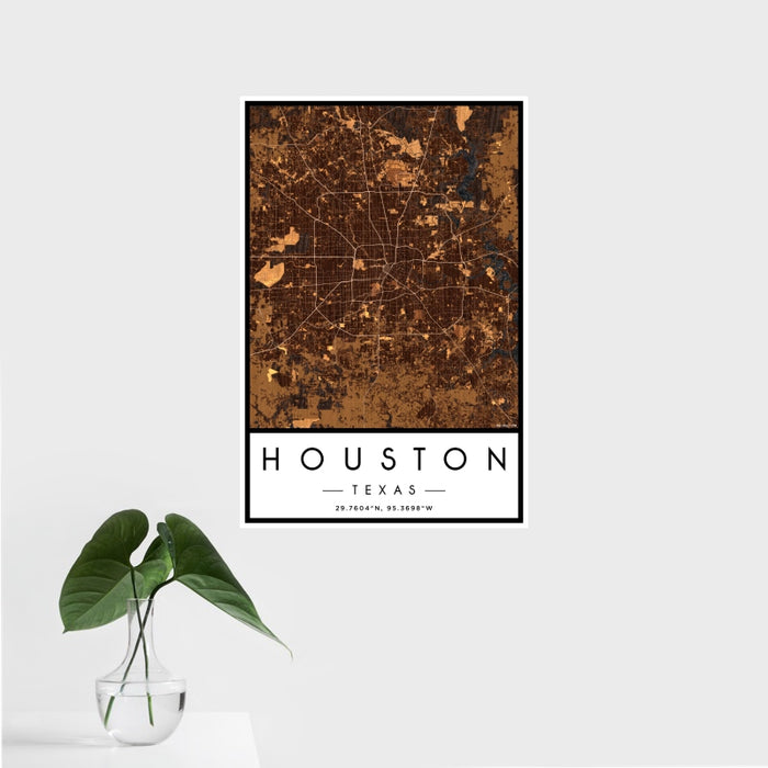 16x24 Houston Texas Map Print Portrait Orientation in Ember Style With Tropical Plant Leaves in Water