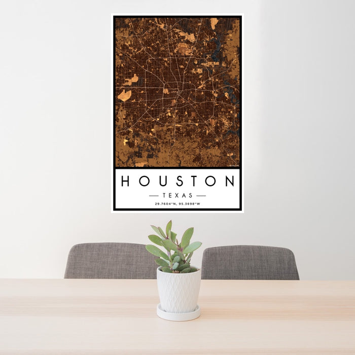 24x36 Houston Texas Map Print Portrait Orientation in Ember Style Behind 2 Chairs Table and Potted Plant