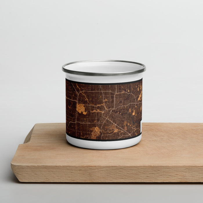 Front View Custom Houston Texas Map Enamel Mug in Ember on Cutting Board