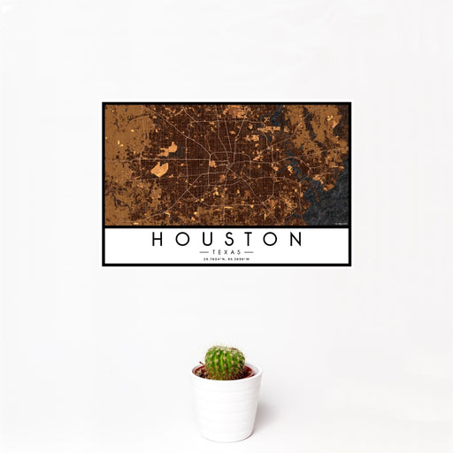 12x18 Houston Texas Map Print Landscape Orientation in Ember Style With Small Cactus Plant in White Planter
