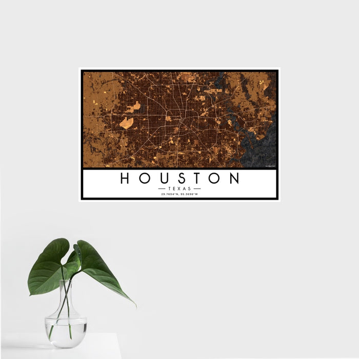 16x24 Houston Texas Map Print Landscape Orientation in Ember Style With Tropical Plant Leaves in Water