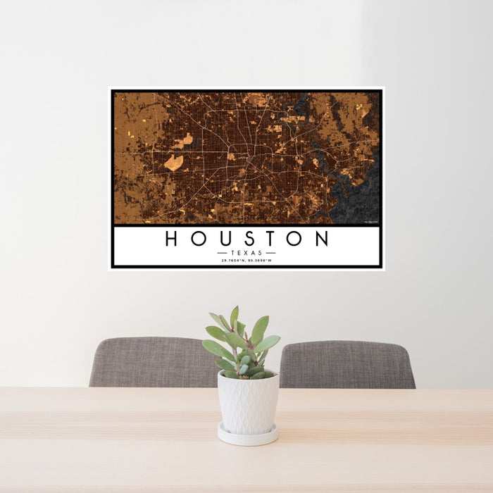 24x36 Houston Texas Map Print Landscape Orientation in Ember Style Behind 2 Chairs Table and Potted Plant