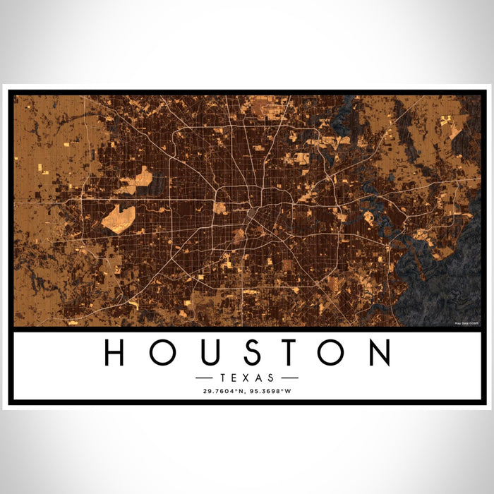Houston Texas Map Print Landscape Orientation in Ember Style With Shaded Background