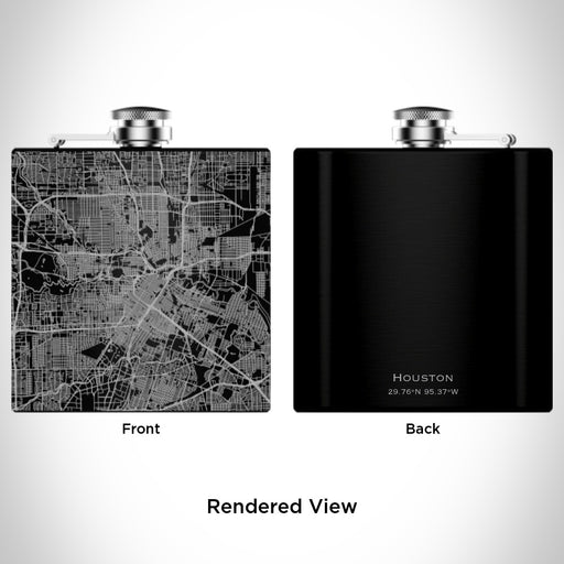 Rendered View of Houston Texas Map Engraving on 6oz Stainless Steel Flask in Black