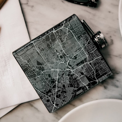Houston Texas Custom Engraved City Map Inscription Coordinates on 6oz Stainless Steel Flask in Black