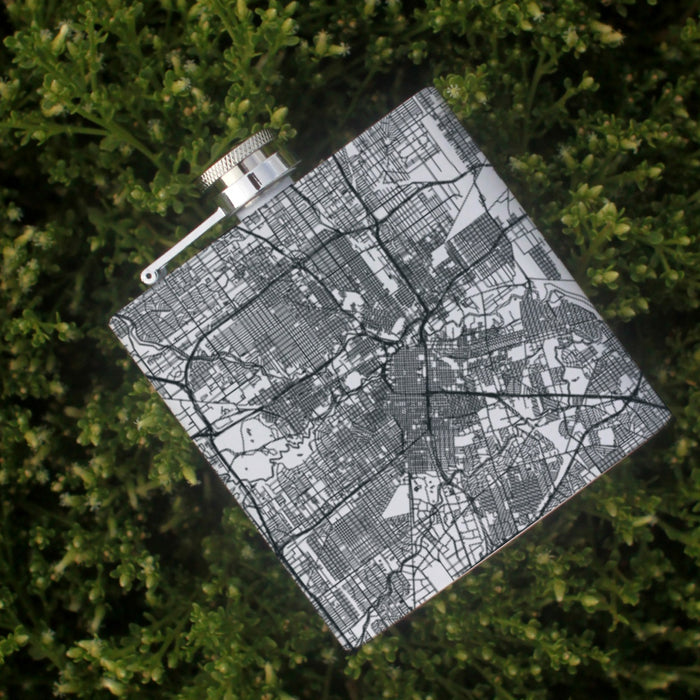 Houston Texas Custom Engraved City Map Inscription Coordinates on 6oz Stainless Steel Flask in White
