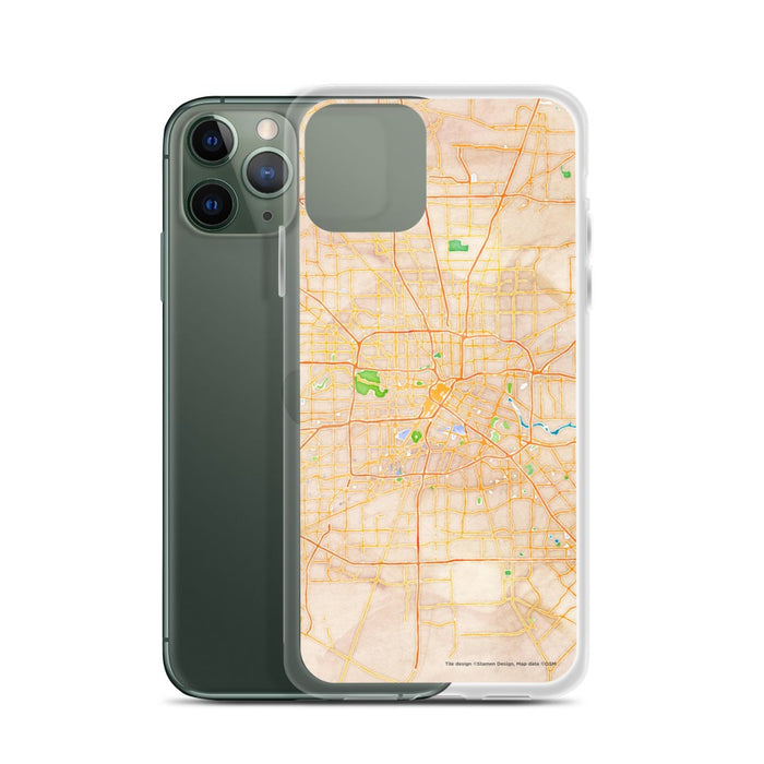Custom Houston Texas Map Phone Case in Watercolor on Table with Laptop and Plant