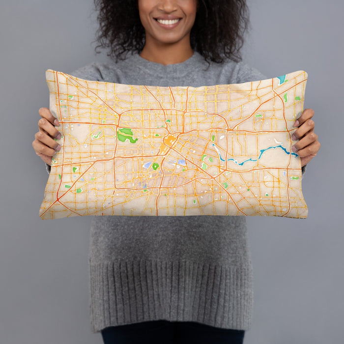 Person holding 20x12 Custom Houston Texas Map Throw Pillow in Watercolor