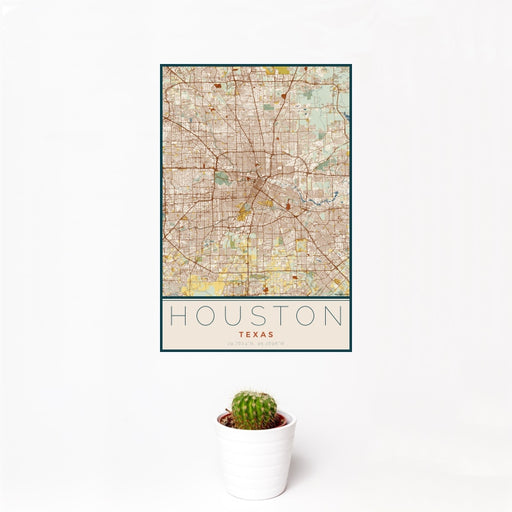 12x18 Houston Texas Map Print Portrait Orientation in Woodblock Style With Small Cactus Plant in White Planter