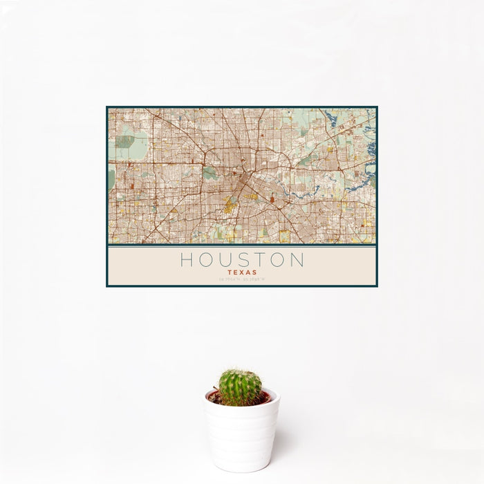 12x18 Houston Texas Map Print Landscape Orientation in Woodblock Style With Small Cactus Plant in White Planter