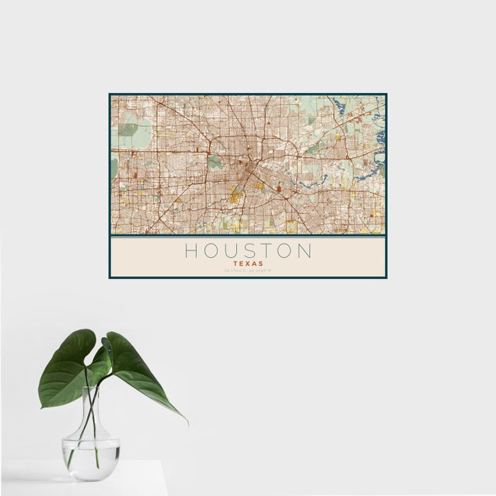 16x24 Houston Texas Map Print Landscape Orientation in Woodblock Style With Tropical Plant Leaves in Water