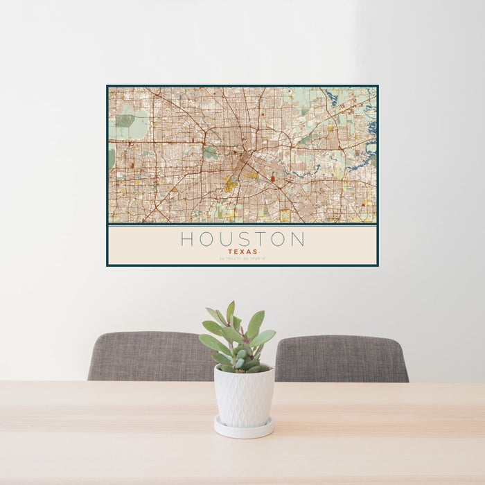 24x36 Houston Texas Map Print Landscape Orientation in Woodblock Style Behind 2 Chairs Table and Potted Plant