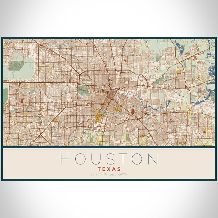Houston Texas Map Print Landscape Orientation in Woodblock Style With Shaded Background