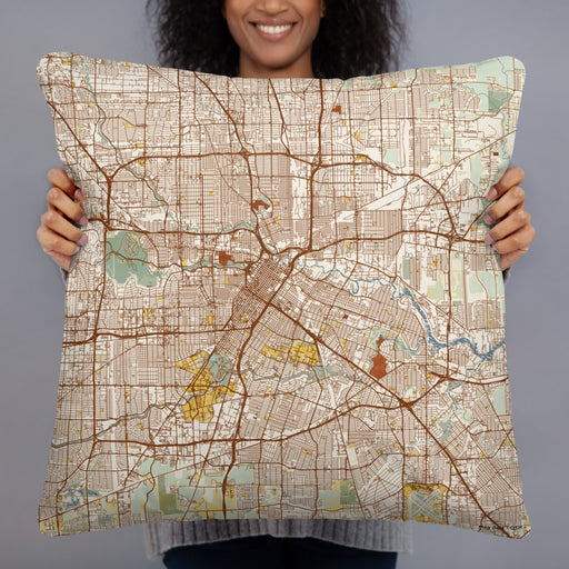 Person holding 22x22 Custom Houston Texas Map Throw Pillow in Woodblock