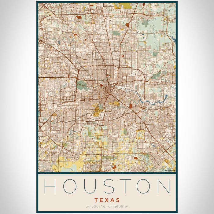 Houston Texas Map Print Portrait Orientation in Woodblock Style With Shaded Background