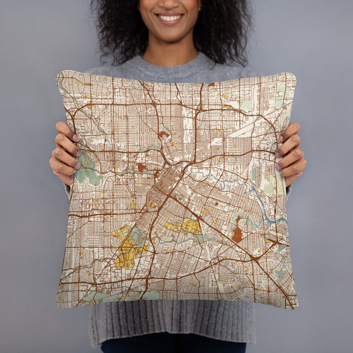 Person holding 18x18 Custom Houston Texas Map Throw Pillow in Woodblock
