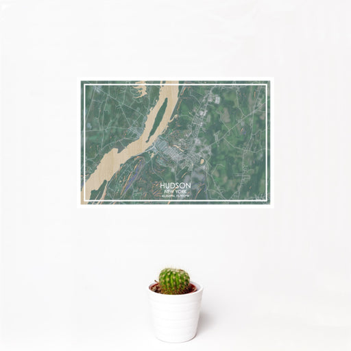 12x18 Hudson New York Map Print Landscape Orientation in Afternoon Style With Small Cactus Plant in White Planter