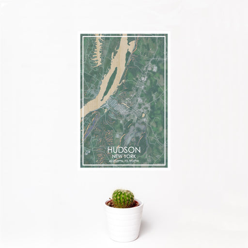 12x18 Hudson New York Map Print Portrait Orientation in Afternoon Style With Small Cactus Plant in White Planter