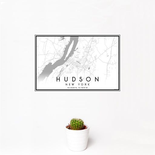 12x18 Hudson New York Map Print Landscape Orientation in Classic Style With Small Cactus Plant in White Planter