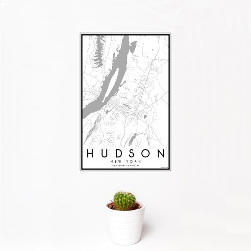 12x18 Hudson New York Map Print Portrait Orientation in Classic Style With Small Cactus Plant in White Planter