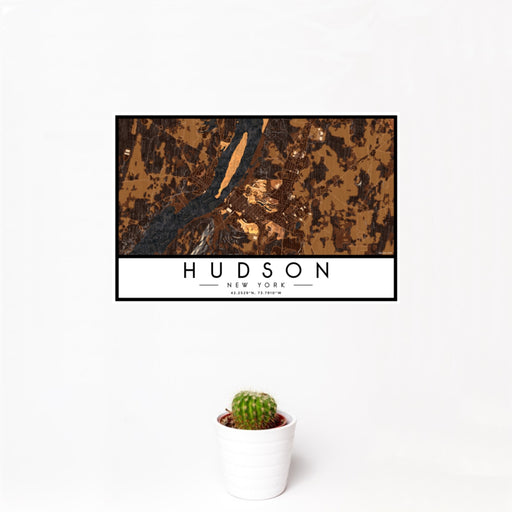 12x18 Hudson New York Map Print Landscape Orientation in Ember Style With Small Cactus Plant in White Planter