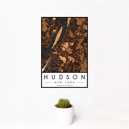 12x18 Hudson New York Map Print Portrait Orientation in Ember Style With Small Cactus Plant in White Planter