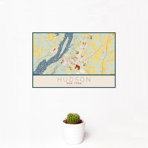 12x18 Hudson New York Map Print Landscape Orientation in Woodblock Style With Small Cactus Plant in White Planter