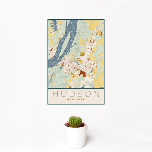12x18 Hudson New York Map Print Portrait Orientation in Woodblock Style With Small Cactus Plant in White Planter