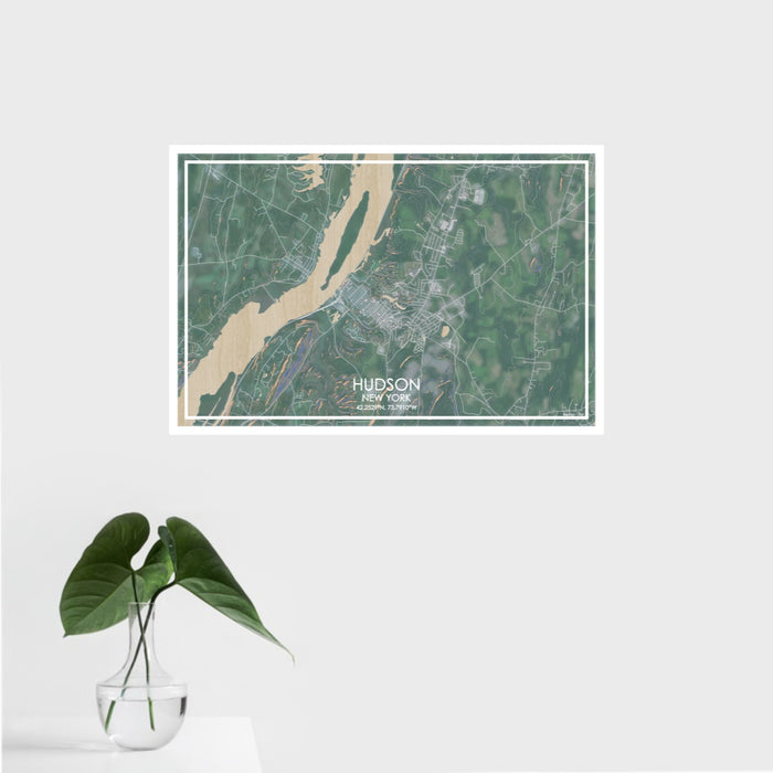 16x24 Hudson New York Map Print Landscape Orientation in Afternoon Style With Tropical Plant Leaves in Water