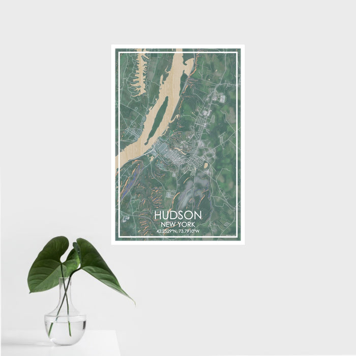 16x24 Hudson New York Map Print Portrait Orientation in Afternoon Style With Tropical Plant Leaves in Water