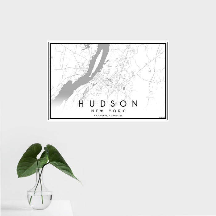 16x24 Hudson New York Map Print Landscape Orientation in Classic Style With Tropical Plant Leaves in Water