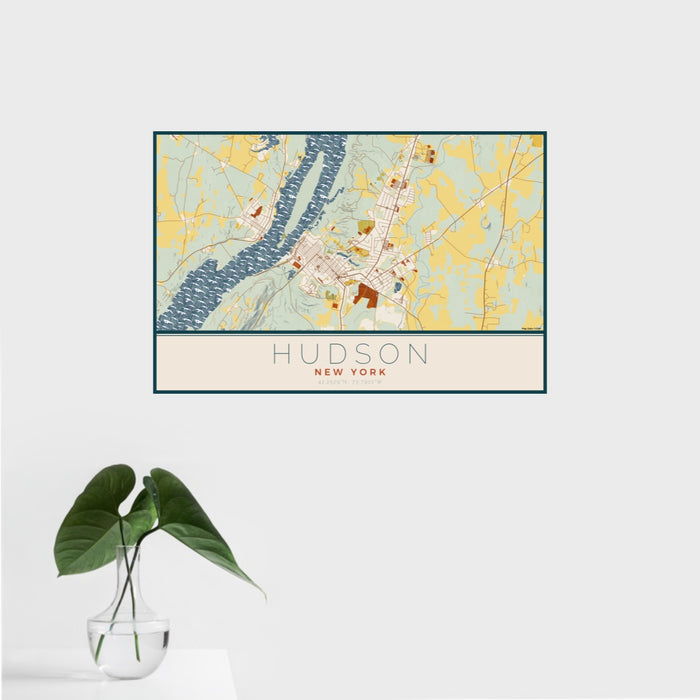 16x24 Hudson New York Map Print Landscape Orientation in Woodblock Style With Tropical Plant Leaves in Water
