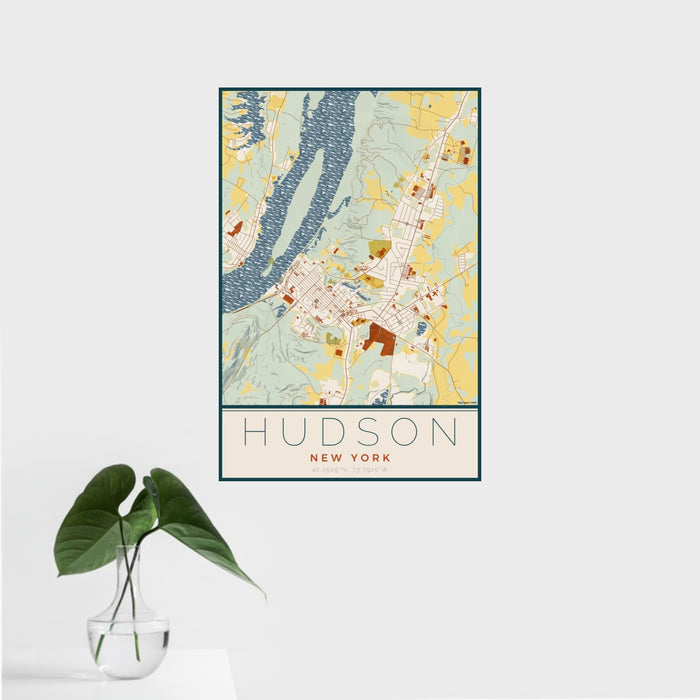 16x24 Hudson New York Map Print Portrait Orientation in Woodblock Style With Tropical Plant Leaves in Water